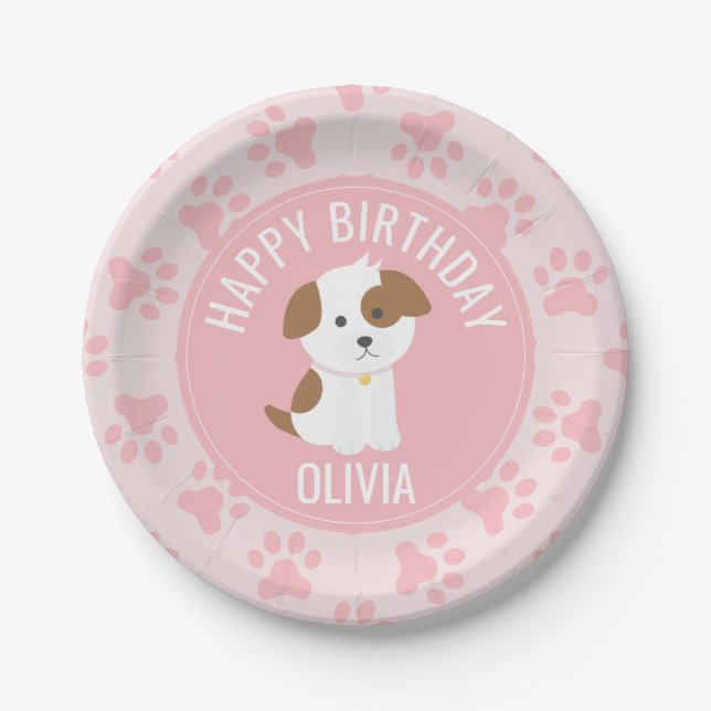 Assiettes En Carton Pink Puppy plaques de fête d'anniversaire empreint (Devant)