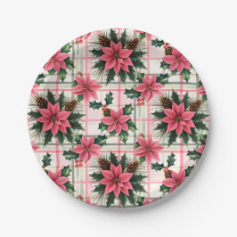 Assiettes En Carton Pink Retro Noël Floral Plaid Joyeux Noël
