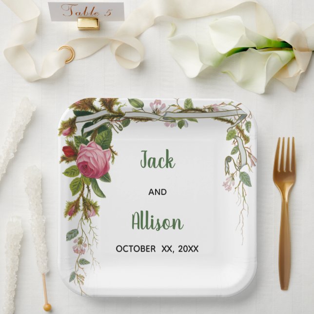 Assiettes En Carton Pink Rose Minimum Floral Green Leaf (Mariage)