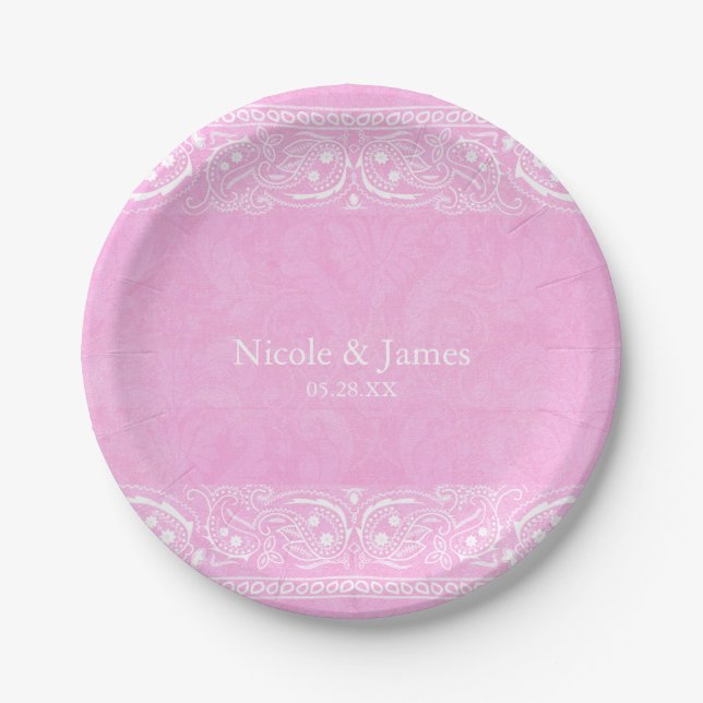 Assiettes En Carton Pink Rustique Paisley Country Western Mariage (Devant)