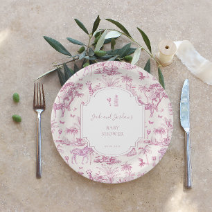 Assiettes En Carton Pink Safari Toile de Jouy   Baby Shower