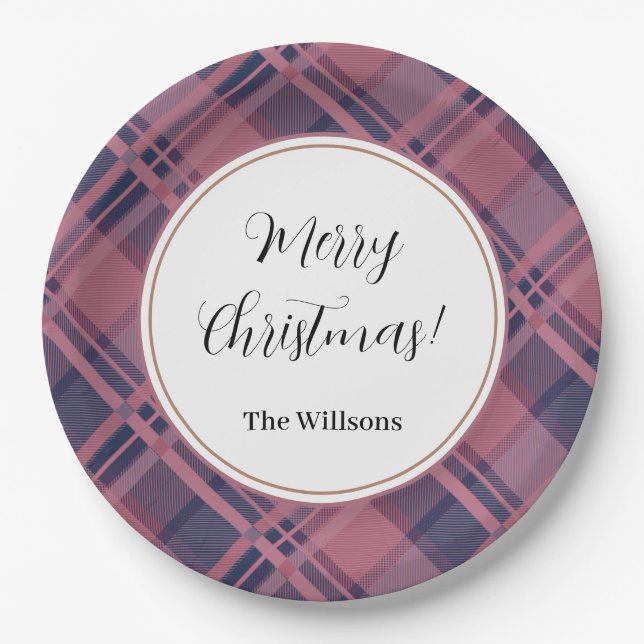 Assiettes En Carton Pink Scottish Lady Tartan Motif Joyeux Noël (Devant)