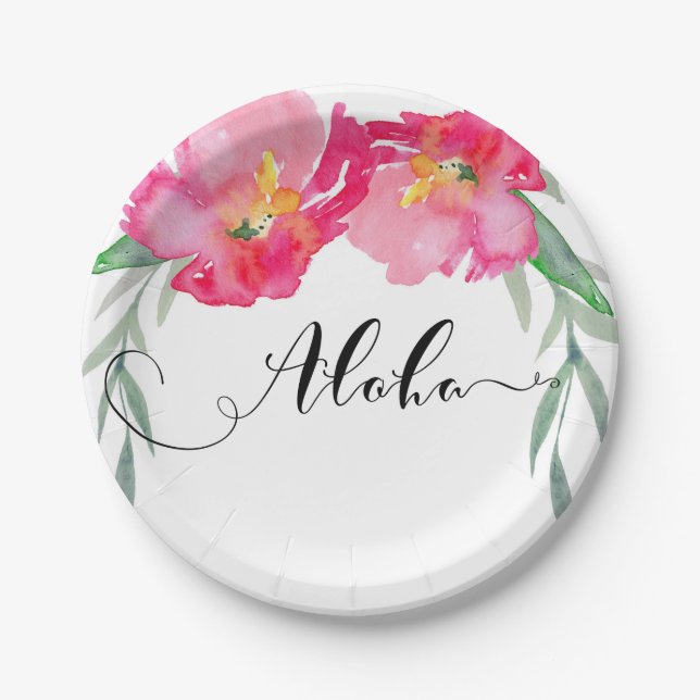 Assiettes En Carton Pink Tropical Green Leaf Vine Floral Aloha Party (Devant)