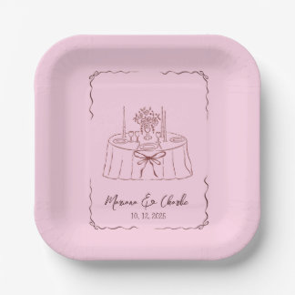 Assiettes En Carton Pink Whimsical Hand Drawn Illustrated Wedding 