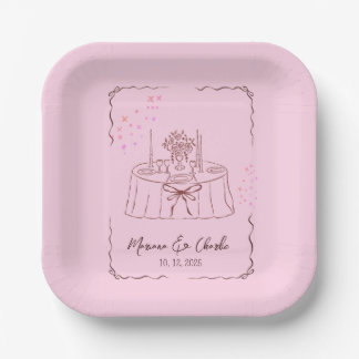 Assiettes En Carton Pink Whimsical Hand Drawn Illustrated Wedding 