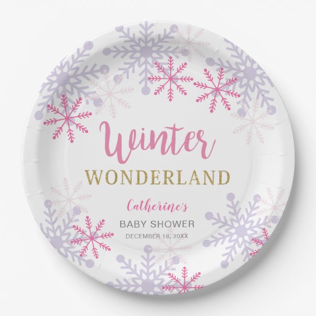 Assiettes En Carton Pink Winter Wonderland Baby shower Snowflakes Girl (Devant)