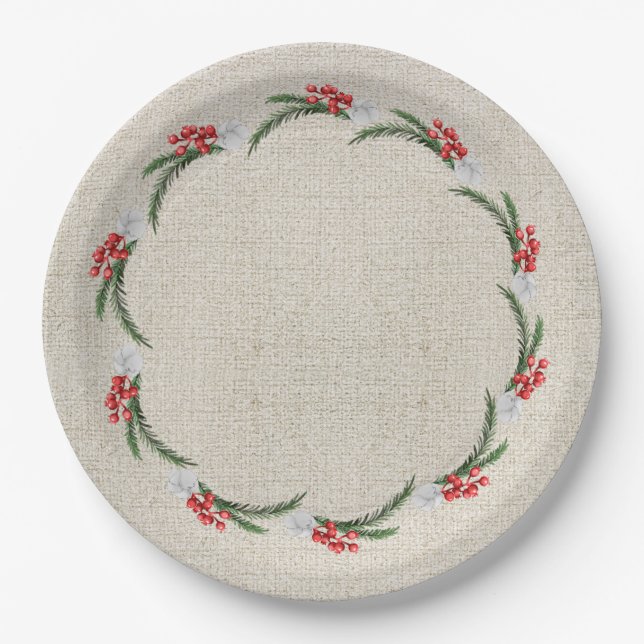 Assiettes En Carton Pins Berries et Fleurs Noël (Devant)