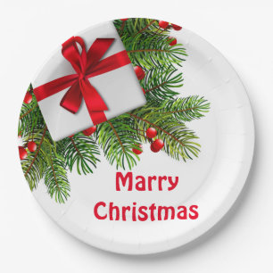 Assiettes En Carton Pins de Noël avec blanc Présent Rouge