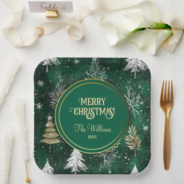 Assiettes En Carton Pins d'or Silver Snowflakes Hunter Green (Mariage)