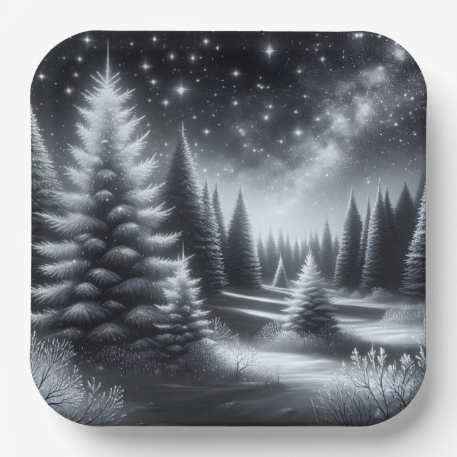 Assiettes En Carton Pins Gelés De Noël En Hiver (Recto)
