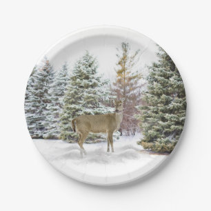 Assiettes En Carton Pins neigeux avec plaque de papier cerf