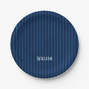 Assiettes En Carton Pinstripes bleu marine personnalisées