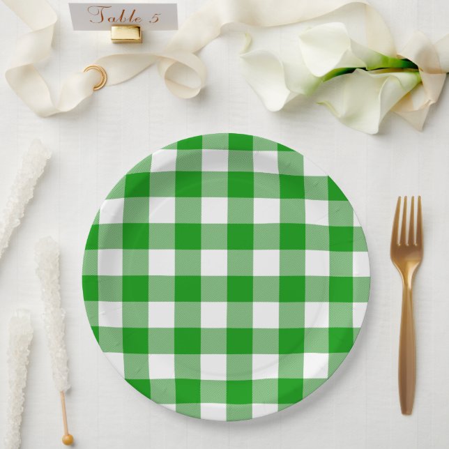 Assiettes En Carton Pique-nique classique vert et blanc En vichy été (Mariage)