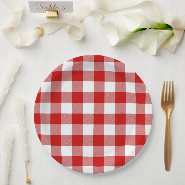Assiettes En Carton Pique-nique d'été Rouge et Blanc En vichy (Mariage)