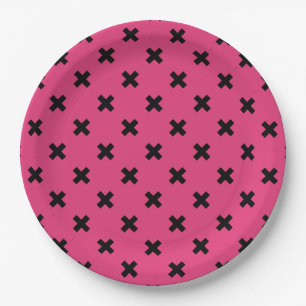 Assiettes En Carton Piqûres de croix noire sur fuchsia