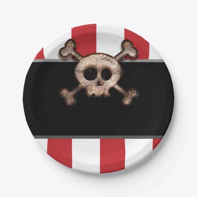 Assiettes En Carton Pirate Skull & Crossbones Rouge Blanc Anniversaire (Devant)