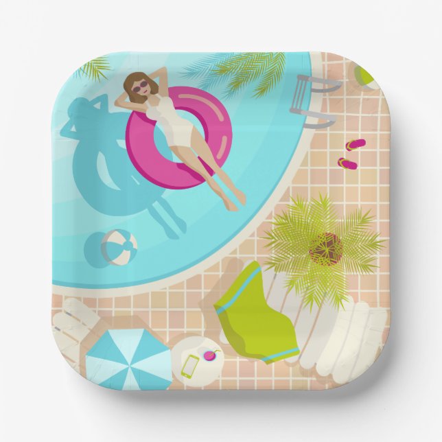 Assiettes En Carton Piscine fille en bikini plage d'été (Recto)