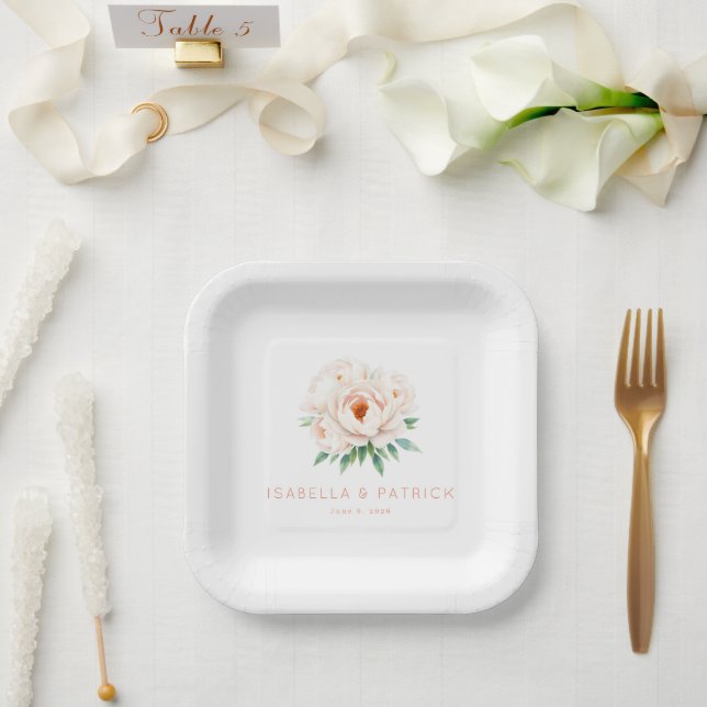 Assiettes En Carton Pivoines Aquarelle aux Tons Douces et Sereins (Mariage)
