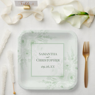Assiettes En Carton Pivoines Élégantes Vert Sauge Rustique Mariage Boh