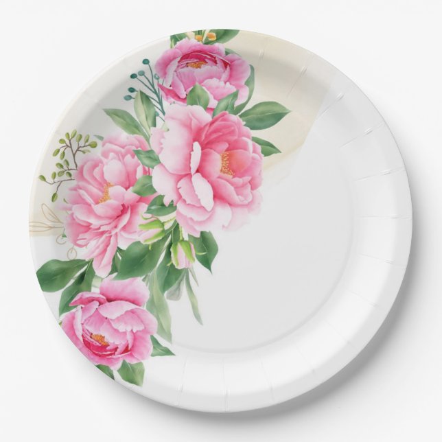 Assiettes en carton - Pivoines roses (Devant)