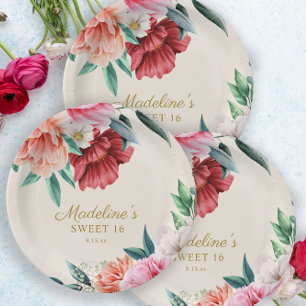 Assiettes En Carton Pivoines roses bordeaux fleurs feuilles Sweet 16 