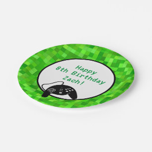 Assiettes En Carton Pixels de jeu vert   Fête d'anniversaire personnal