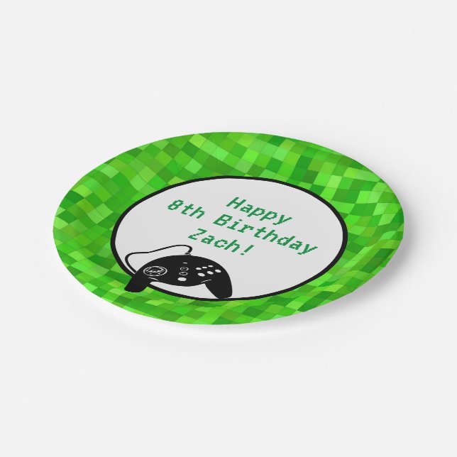 Assiettes En Carton Pixels de jeu vert | Fête d'anniversaire personnal (Angle)