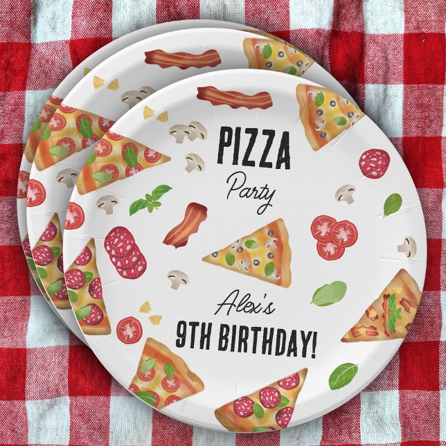 Assiettes En Carton Pizza Party Thème Aquarelle Anniversaire de enfant (Pizza Party Theme Watercolor Kids Birthday Party Paper Plates)