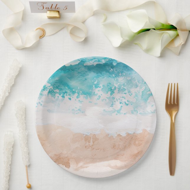 Assiettes En Carton Plage Abstraite aquarelle (Mariage)