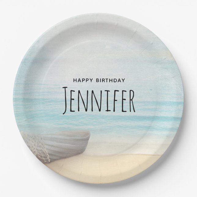 Assiettes En Carton Plage côtière avec un bateau de pêche Anniversaire (Devant)