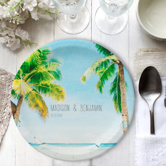 Assiettes En Carton Plage côtière Rétro Palm Trees Mariage tropical (Créateur téléchargé)