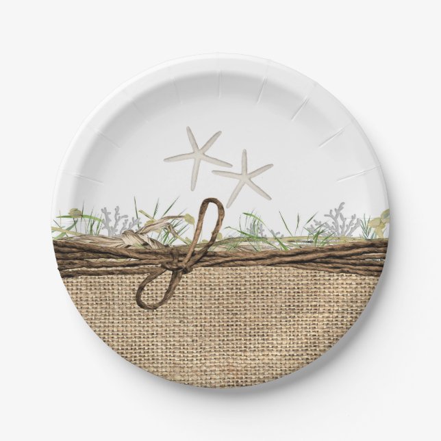 Assiettes En Carton Plage Côtière Rustique Étoile de Mer Toile de Jute (Devant)