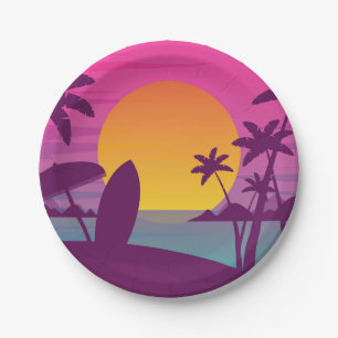 Assiettes En Carton Plage de surf de coucher de soleil violet