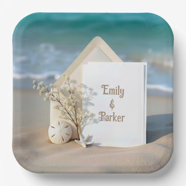 Assiettes En Carton Plage Invitation Dans Le Sable Avec Starfish (Recto)