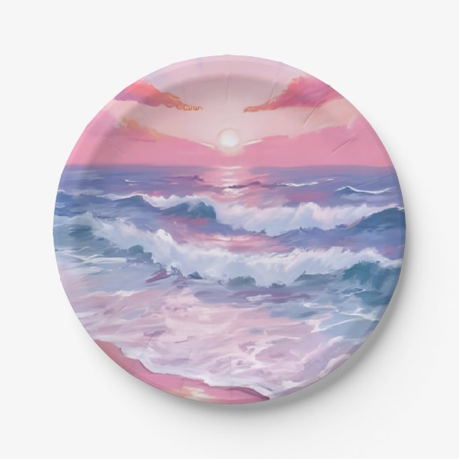 Assiettes En Carton Plage Rose Ocean Shore Peint (Devant)