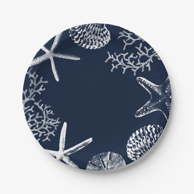 Assiettes En Carton Plage Thème Starfish & Seashs Marine Blue (Devant)
