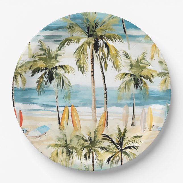 Assiettes En Carton Plage tropicale avec planches (Devant)