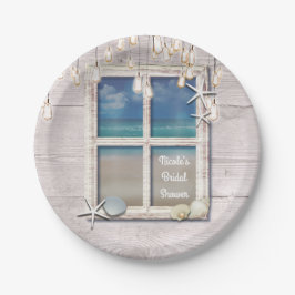 Assiettes En Carton Plage Tropicale Fenêtre Bois Blanc Élégant Coastal