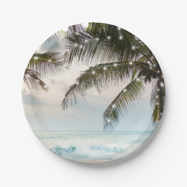 Assiettes En Carton Plage tropicale Océan Palm Trees & Lumières Mariag (Devant)