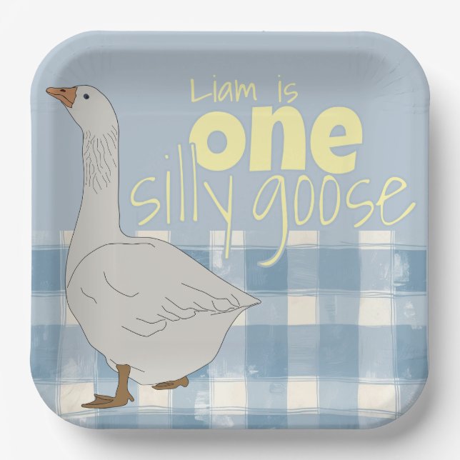 Assiettes En Carton Plaid Bleu & Blanc Une Oie Silencieuse (Recto)