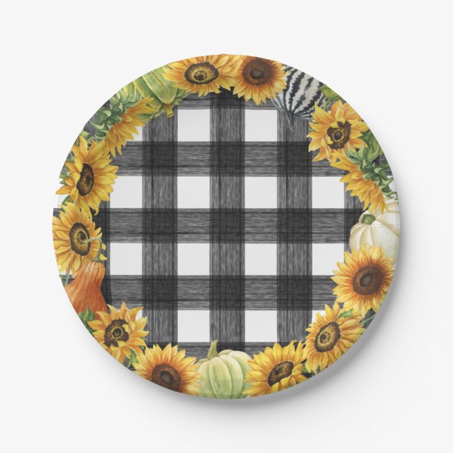 Assiettes En Carton Plaid Citrouille d'automne et Buffalo de tournesol (Devant)