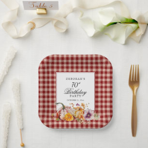 Assiettes En Carton Plaid Rouge & Citrouilles à l'Aquarelle 70e Annive