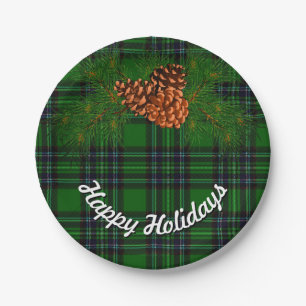 Assiettes En Carton Plaid vert et noir - cônes de pin