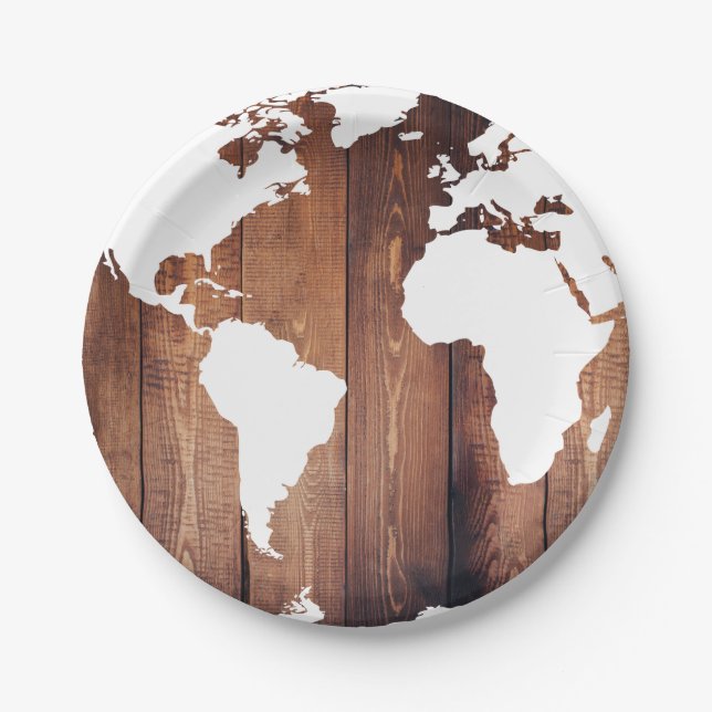 Assiettes En Carton Planches de bois foncé rustiques & carte du monde  (Devant)