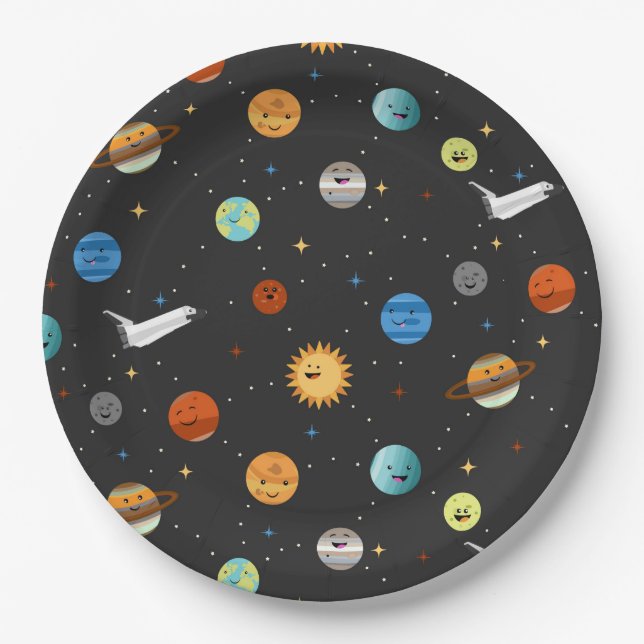 Assiettes En Carton Planètes heureuses dans l'espace (Devant)