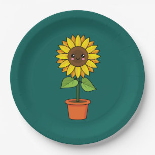 Assiettes En Carton Plante de tournesol Kawaii dans un pot