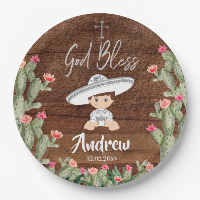 Assiettes En Carton Plaque à papier de baptême argenté mexicain (Devant)