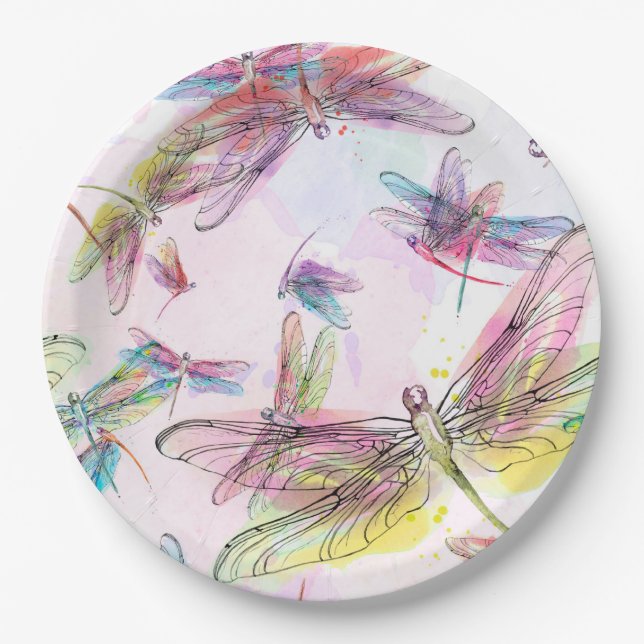 Assiettes En Carton Plaque à papier de libellules d'aquarelle (Devant)
