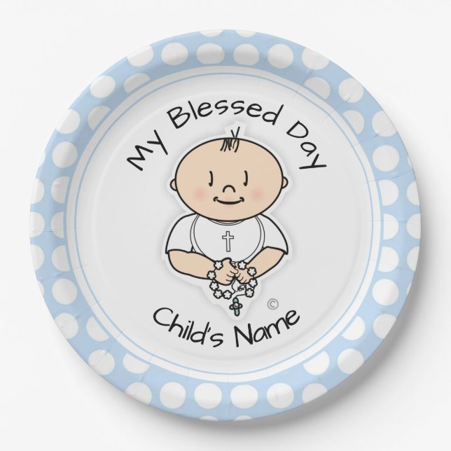 Assiettes En Carton Plaque Baptême Cute 9" - Garçon bébé avec Rosaire (Devant)