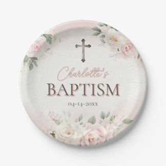 Assiettes En Carton Plaque Baptême personnalisée - Rose Favoriser les 
